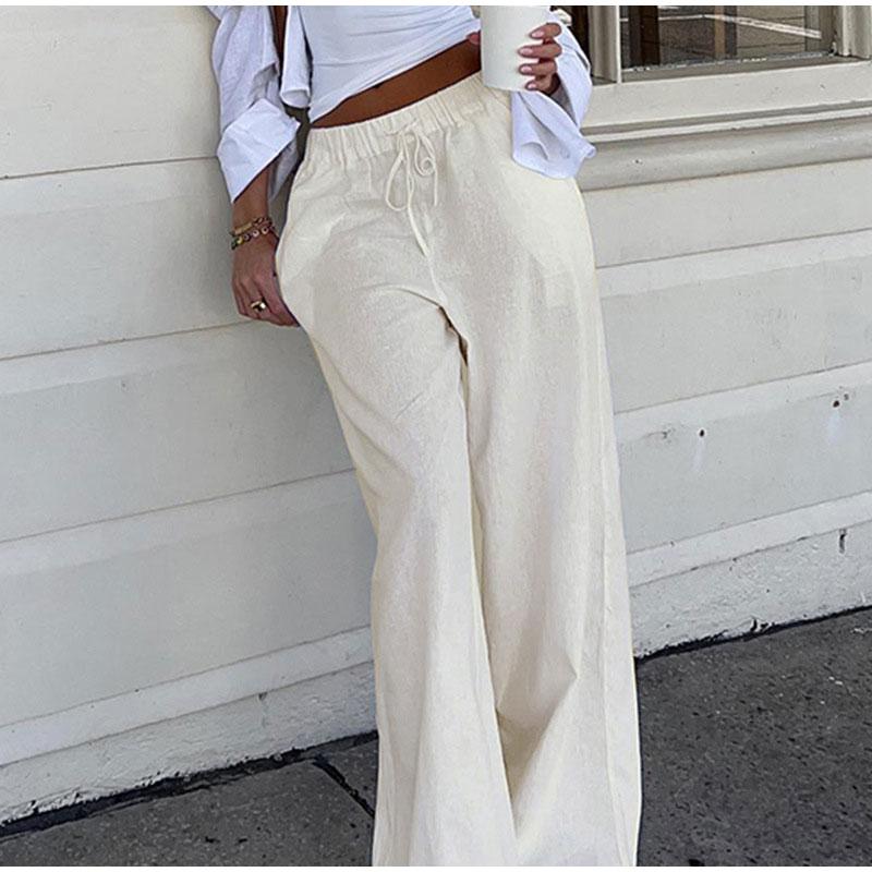Casual Basic White Pants Women Baggy Low Waist Straight Trousers Solid Color Thin Linen Wide Leg Pantalones Ladies Spring Summer Trouser