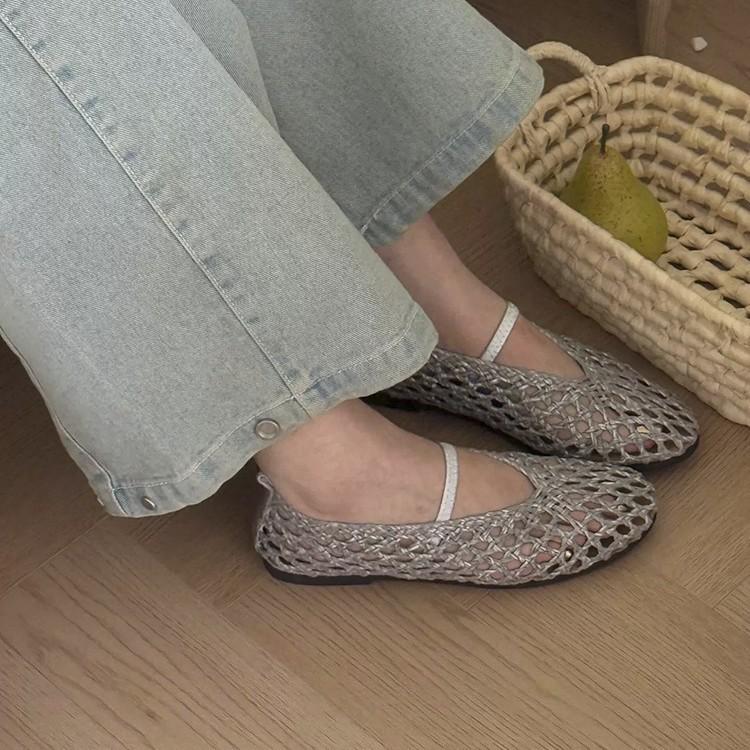 Sheepskin version~ Hollow-out handwoven sandals women's one-word with round head flat-soled single shoes genuine leather shallow mouth Mary Jane shoes