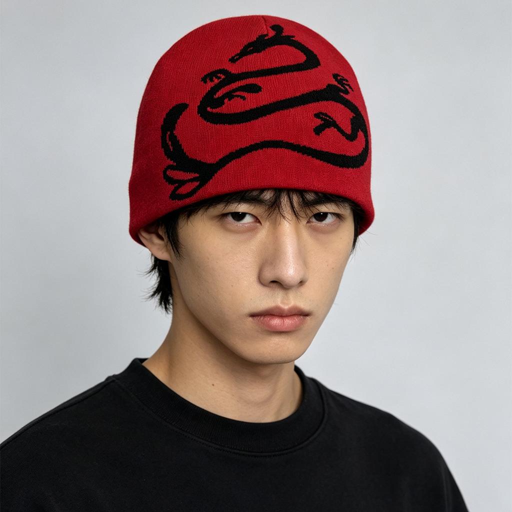 Autumn and winter retro contrasting color dragon jacquard knitted hat men and women warm personality street outdoor hip hop pullover hat