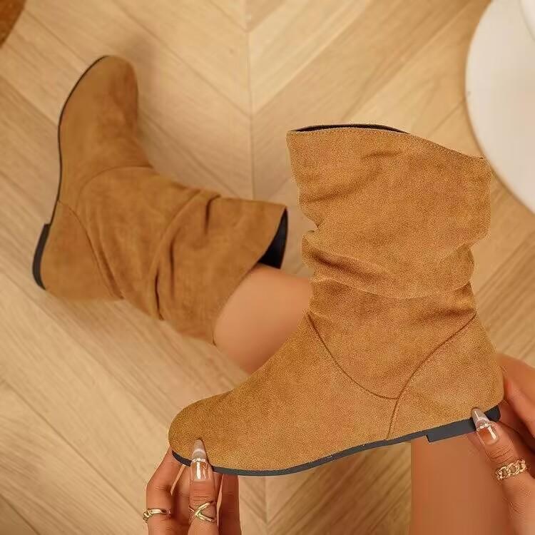 Pleated Pile Boots Women's Winter Suede Large Size Round Head Retro Medium Boots