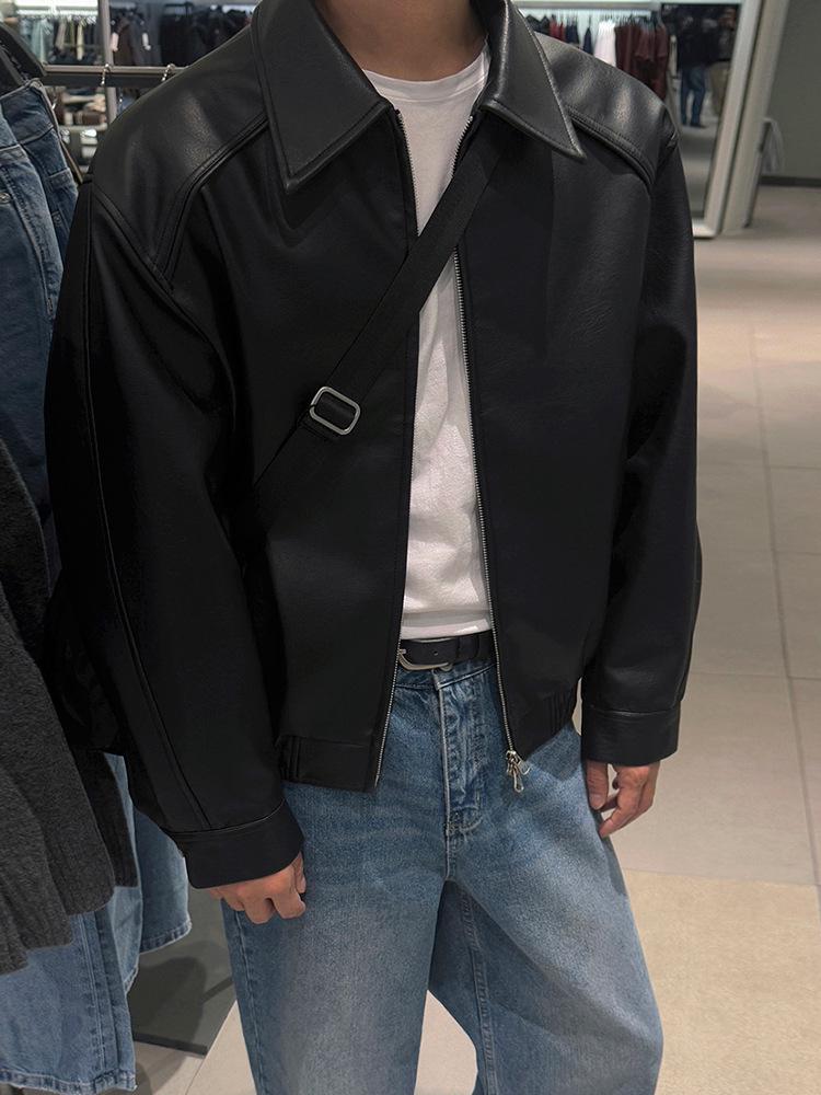 BJ Pánská Retro Podzimní Kožená Bunda - Ležérní, Pánská, Volný Střih, Korejský Styl pro do Práce s Límcem.