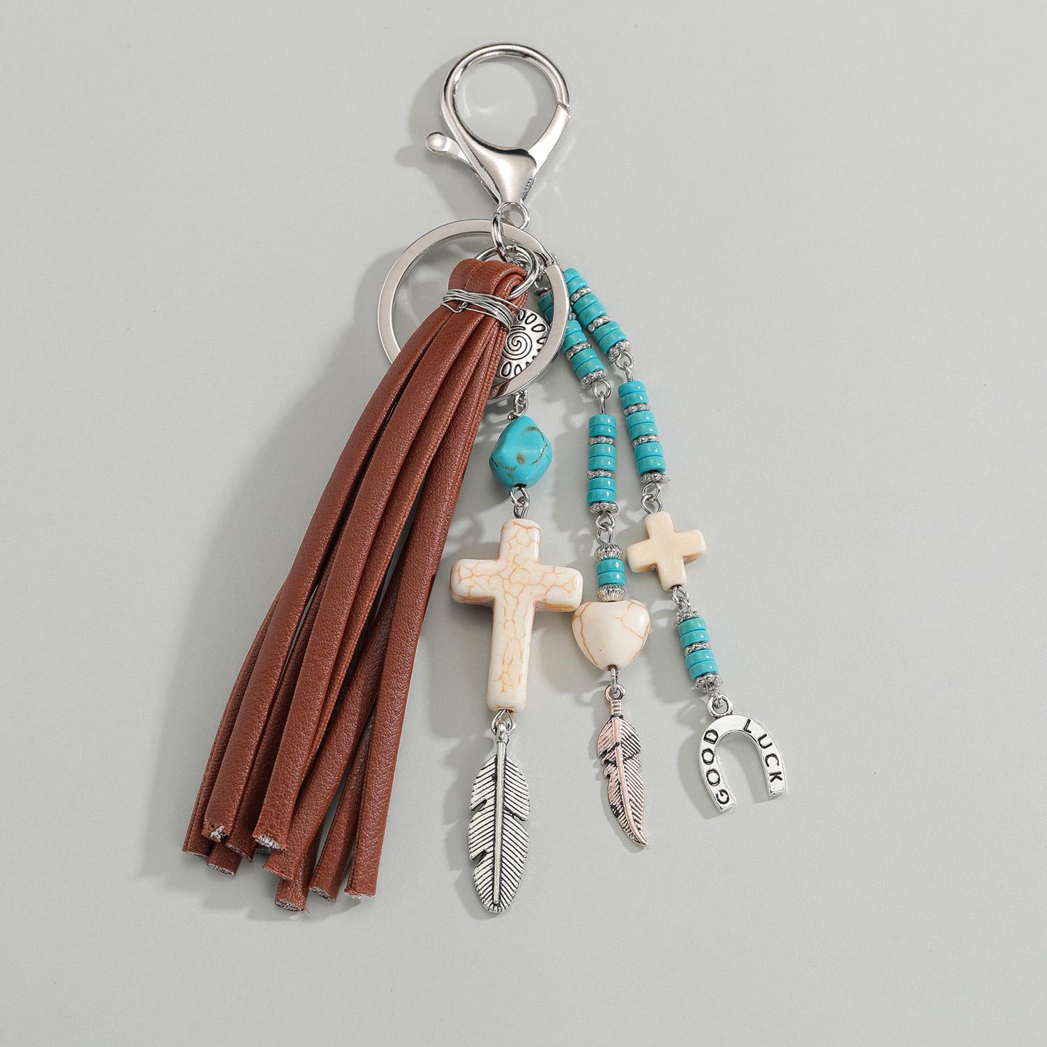 Retro turquoise cross, heart-shaped bead, environmentally friendly alloy leaf pendant, tassel keychain