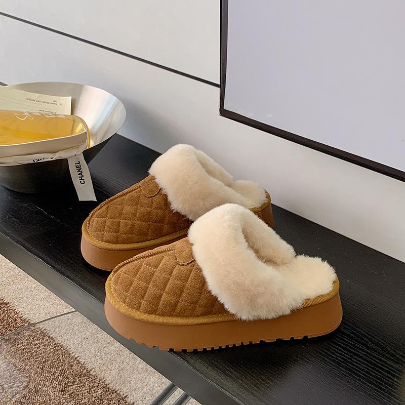 Thick-soled Hairy Edge Short Tube Bag Head Snow Boots Slippers Wear Piled Waterproof Cotton Slippers Winter Non-slip Cotton Shoes