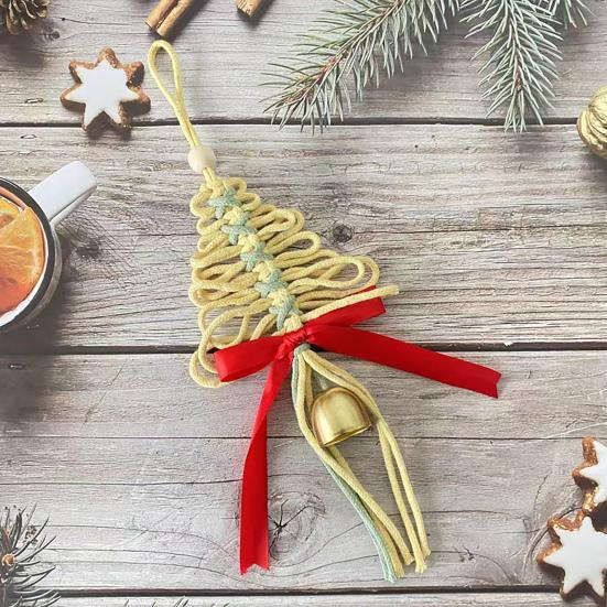 Hand-Woven Christmas Tree Ornaments Rustic Xmas Tree Shaped Handicrafts with Golden Cow Bell And Red Bow for Winter New Year Party Decorations