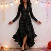 Yousheng Women's Satin V Neck Ruffle Long Sleeve Dress Tie Waist Split A-Line Wrap Dress Formal Cocktail Wedding Guest Dress