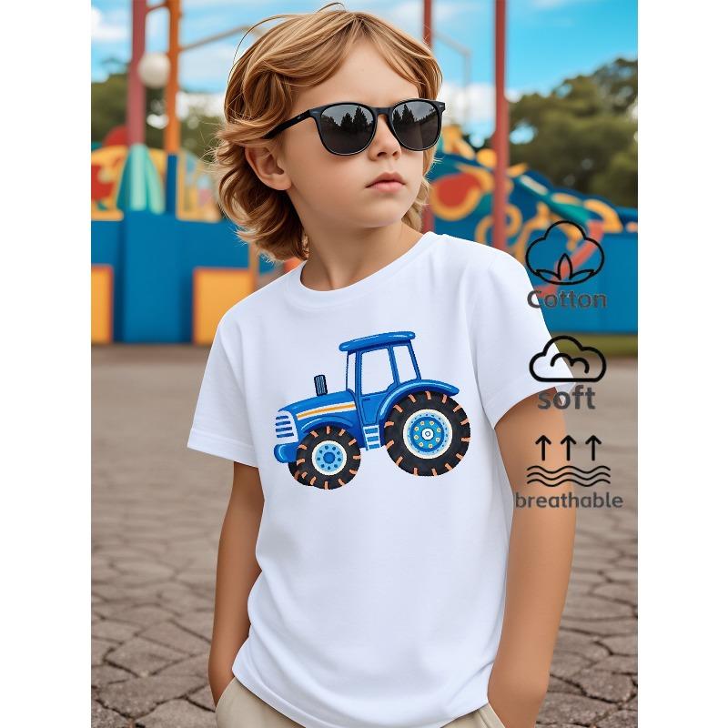Mărimi Europene Tricou cu Mânecă Scurtă pentru Băieți, Design Imprimat, Model cu Tractor Albastru, Mânecă Scurtă, Îmbrăcăminte Casual de Vară, Confortabil de Purtat
