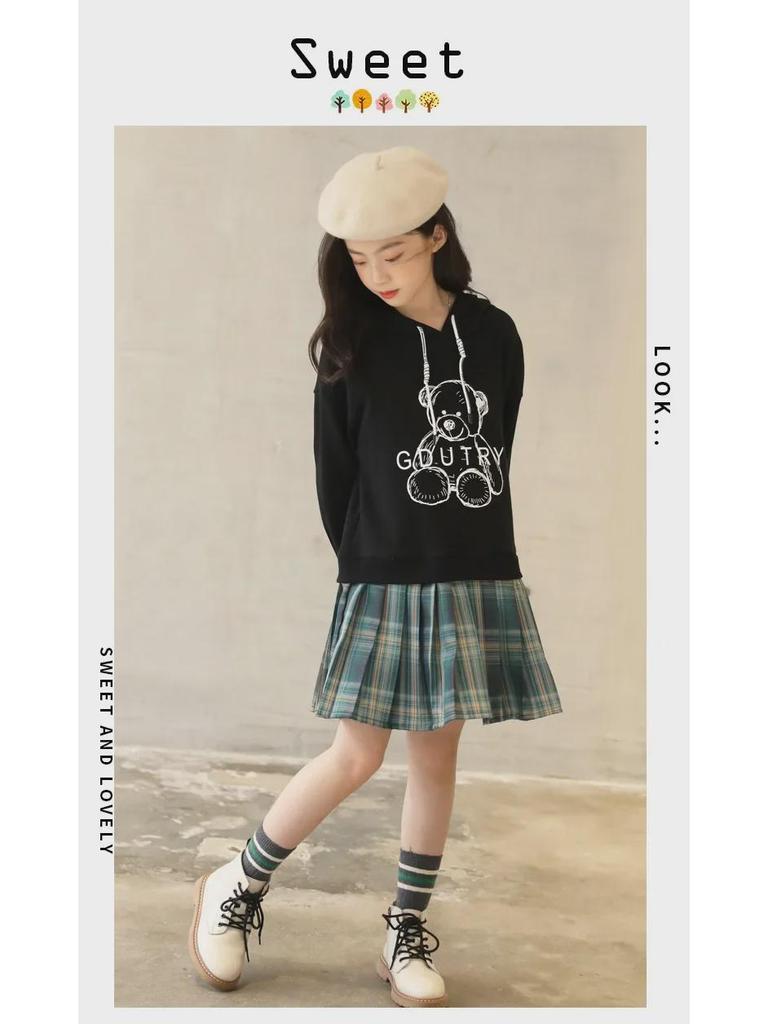 Mädchen Midilanges Plissee-Karokleid Sweatshirt für Frühling & Herbst 2024