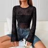 Spring Women's Elegant Black Sheer Wooden Ear Trim Spider Web T-Shirt