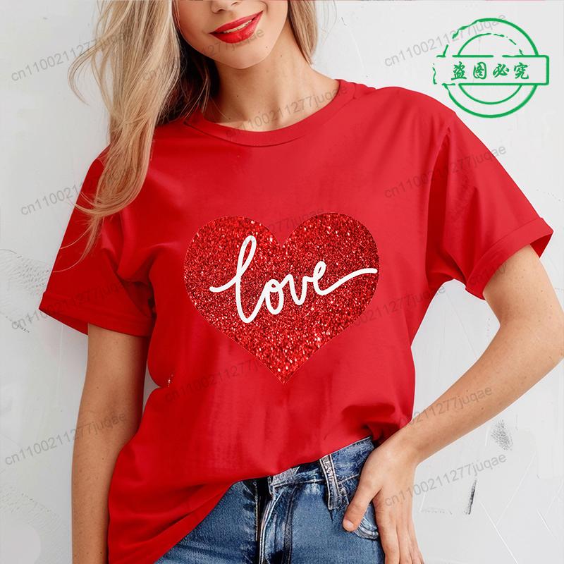 Valentine Heart Printed T Shirt for Women Leopard Heart T-shirt Girl Short Sleeve Crew Neck Casual Top for Summer Women Clothing
