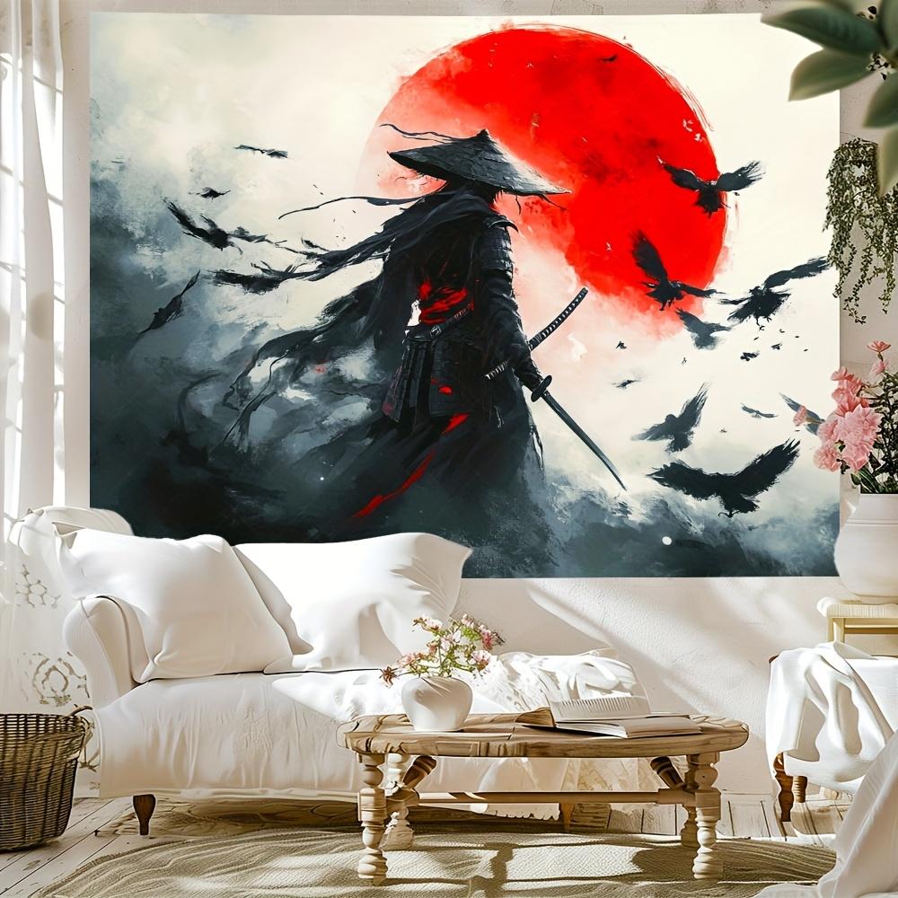 Samurai Warrior Tapestry Red Sun Flying Crows Dramatic Clouds Ancient Symbols for JapaneseInspired Home Decor Wall Art