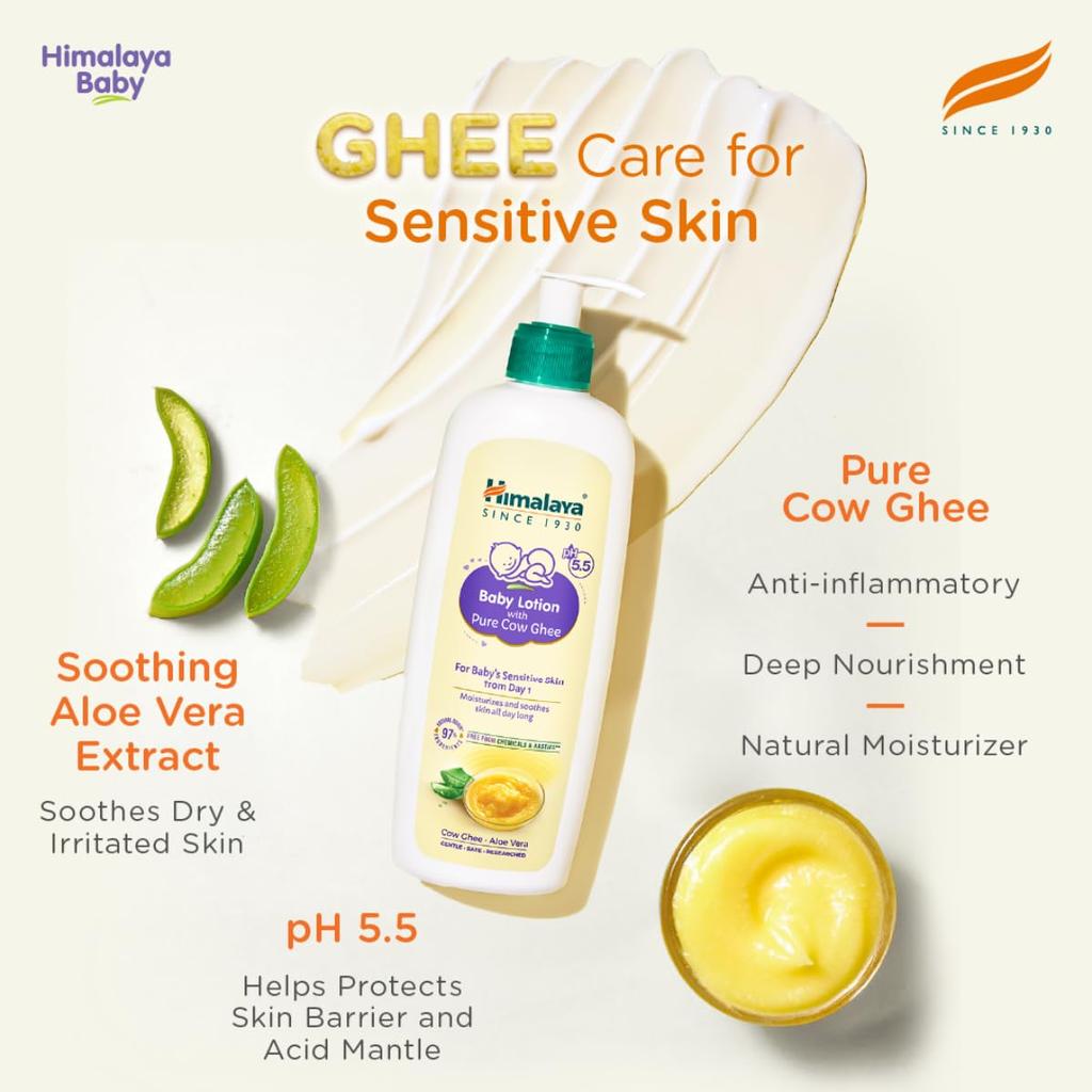 Himalaya Baby Lotion With Pure Cow Ghee 400Ml For Sensitive Newborn Skin, Non-Greasy, Moisturizing, Dermatologically Tested