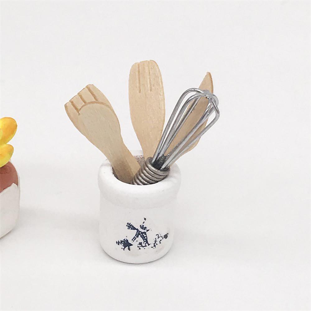 Wooden Kitchen Fork Metal Whisk Jar Set Dollhouse Miniatures 1:12 Accessories 
