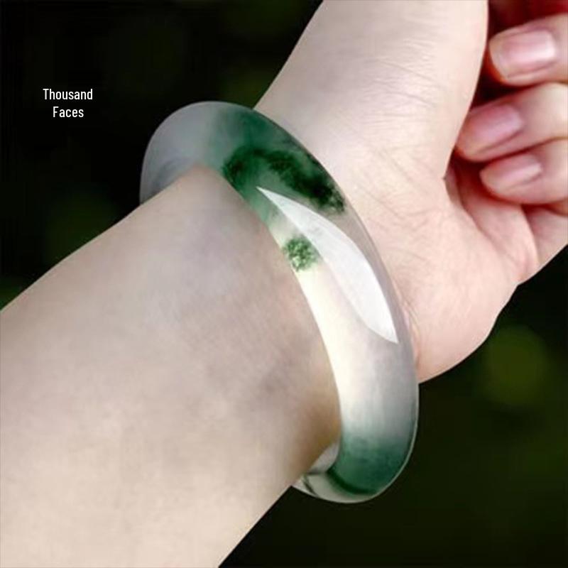 

Ice Type Natural Quartzite Jade Color Bangle with Floating Flower Design for Women 58mm