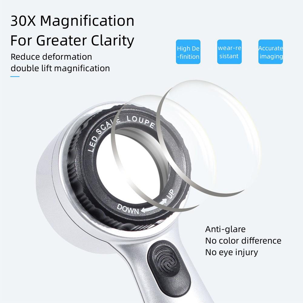 30x Handheld Rechargeable Magnifier With 4-color Led Light For Antiques Jewelry Appreciation Reading Books And Fine Inspection