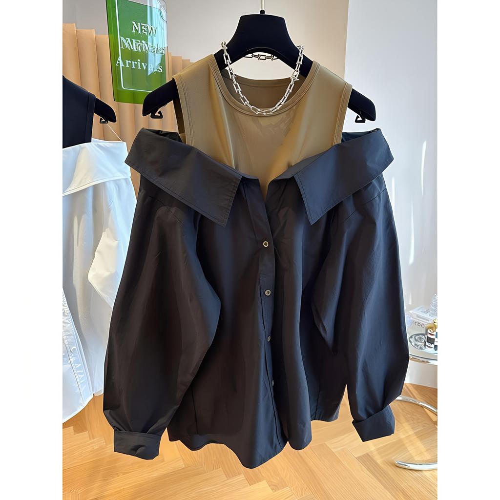 WTEMPO Autumn Off Shoulder Blouses for Women - Slim & Loose Spliced Long Sleeve Tank Top Shirt Round Neck Fashion Casual Tops