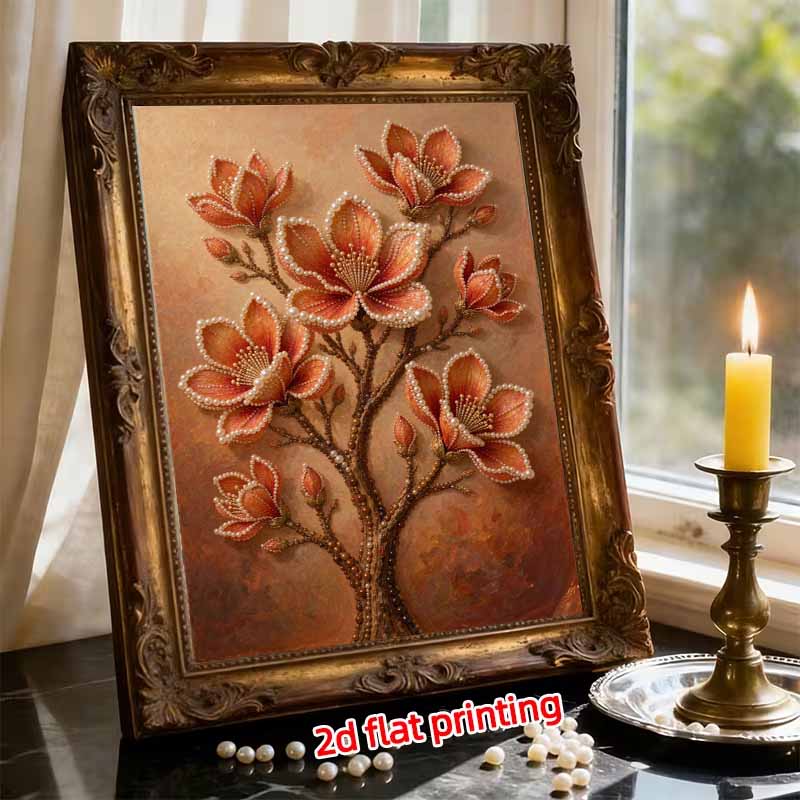 Orange Floral Blossom Magnolia Branch 5D Pearl Painting Kit with Frame DIY Sparkling Bead Canvas Art Relaxing Craft for Girls Room Decor