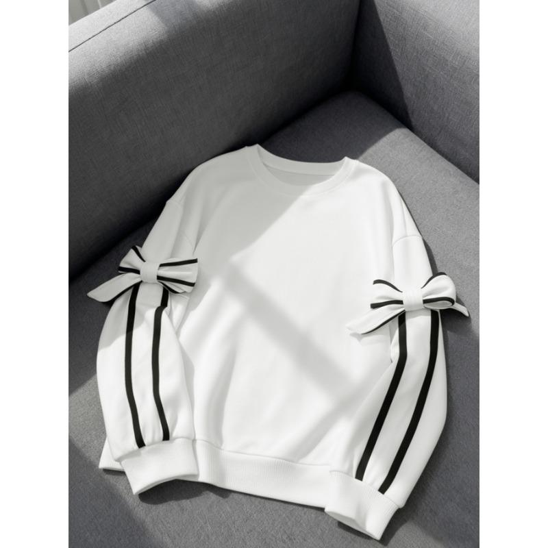 Women Striped Bow Detail Loose Long Sleeve Casual Round Neck Pullover Sweatshirt