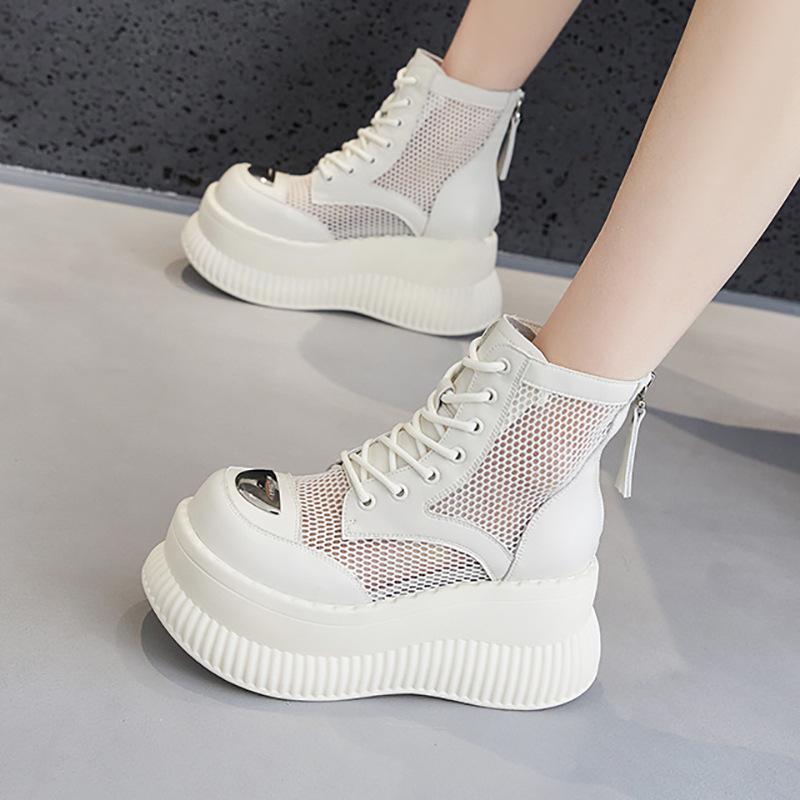 Platform White Shoes Women's 2025 New Summer Breathable Hollow Mesh High-top Sandals Fashionable Versatile Height-increasing Women's Shoes