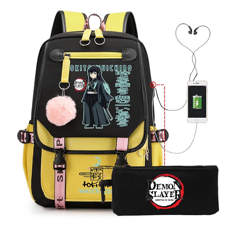 Casual Korean version schoolbag ghost extermination animation two-dimensional trend boys and girls USB backpack two-piece set