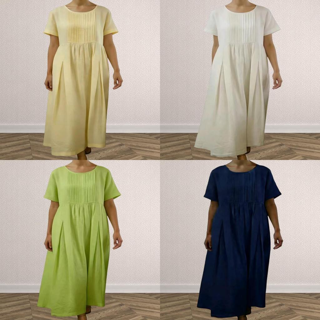 Cotton Linen Pleated Midi Dress With Loose Waist For Casual Wear