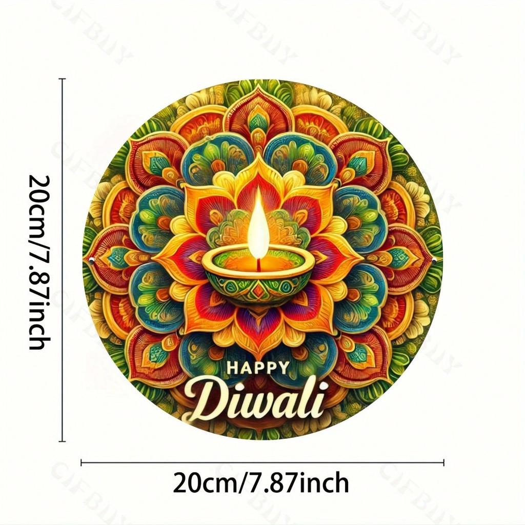 Metal Wall Art Hindu Festival Diwali Round Sign Home Office Decor Durable Aluminum Gift for Cafe Bar Living Room Indoor Outdoor