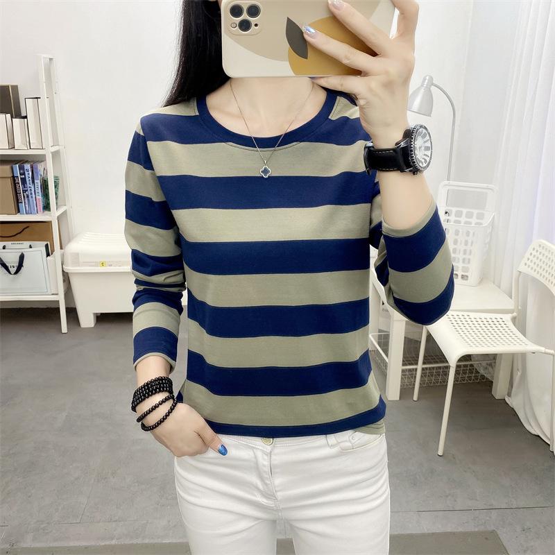 

Свободная повседневная женская футболка в полоску с длинным рукавом 2024 года — универсальный нишевый дизайн на весну и осень 4XL (160-180 jin)