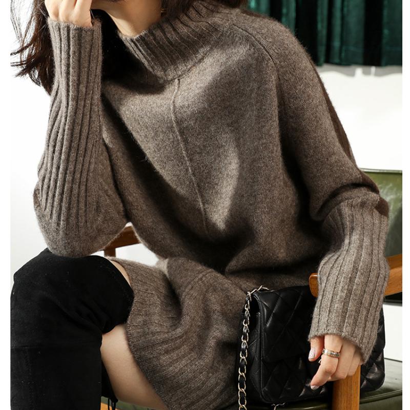 Maglione Autunnale e Invernale a Mezzo Collo Alto da Donna di Media Lunghezza in Lana Taglie Forti Abito Largo Spesso Sottogiacca