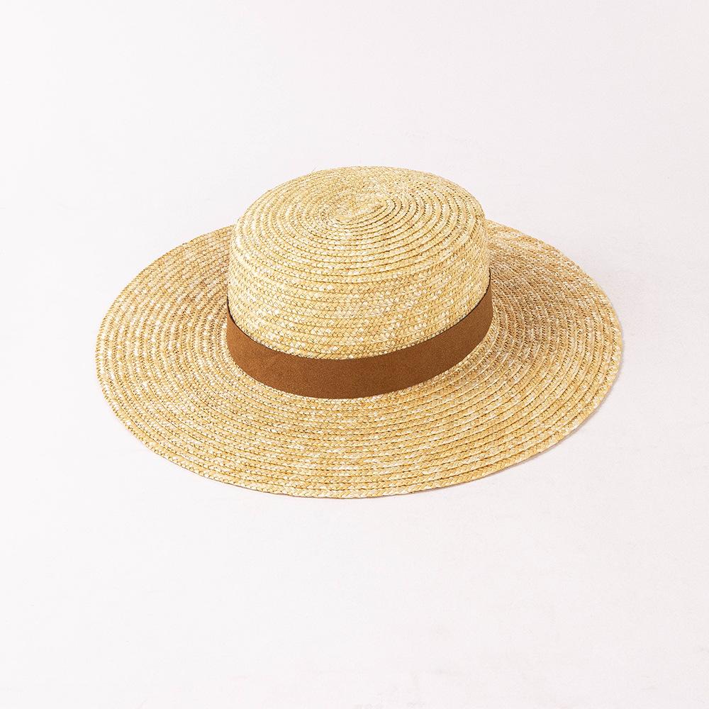 Spring and summer new fashion retro leather webbing flat top straw straw hat outdoor shopping Internet celebrity straw hat tide
