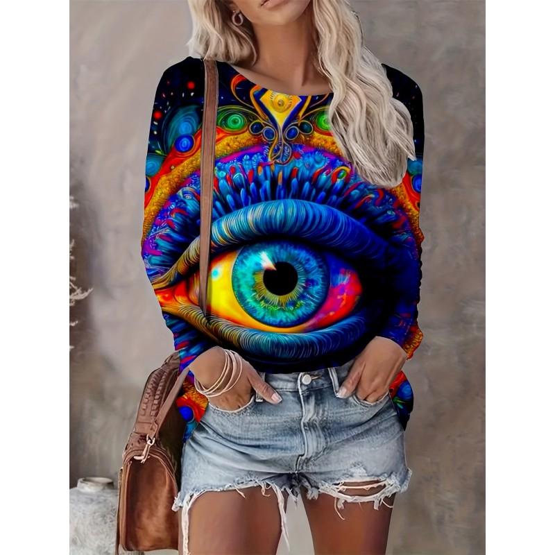 Womens Casual Abstract Print Long Sleeve Crew Neck T-Shirt 3D Effect 2025 Comfort Fit