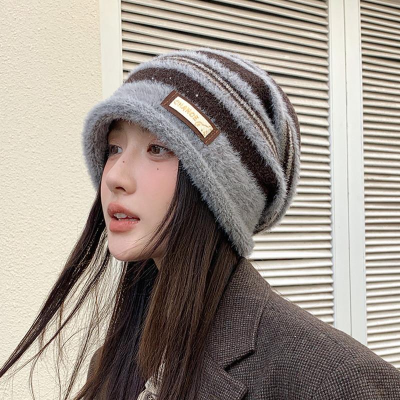Color Fashionable Blocked Striped Design Women Casual Knitted Hat Winter For