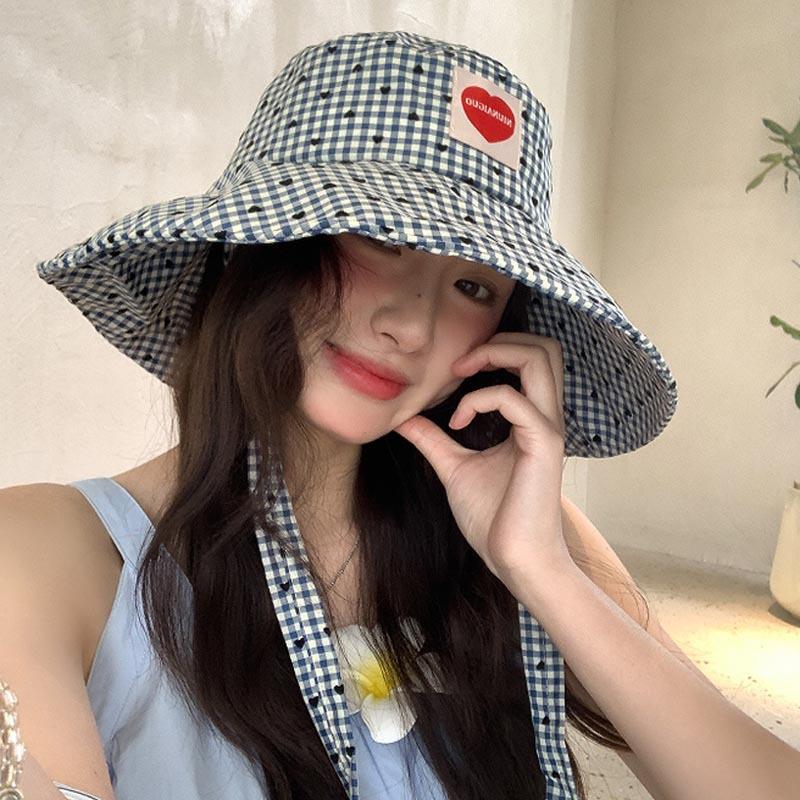 Sweet Love Plaid Bucket Hat Women's Spring Summer Foldable Large Brim Sunshade Sunscreen Washbasin Hat