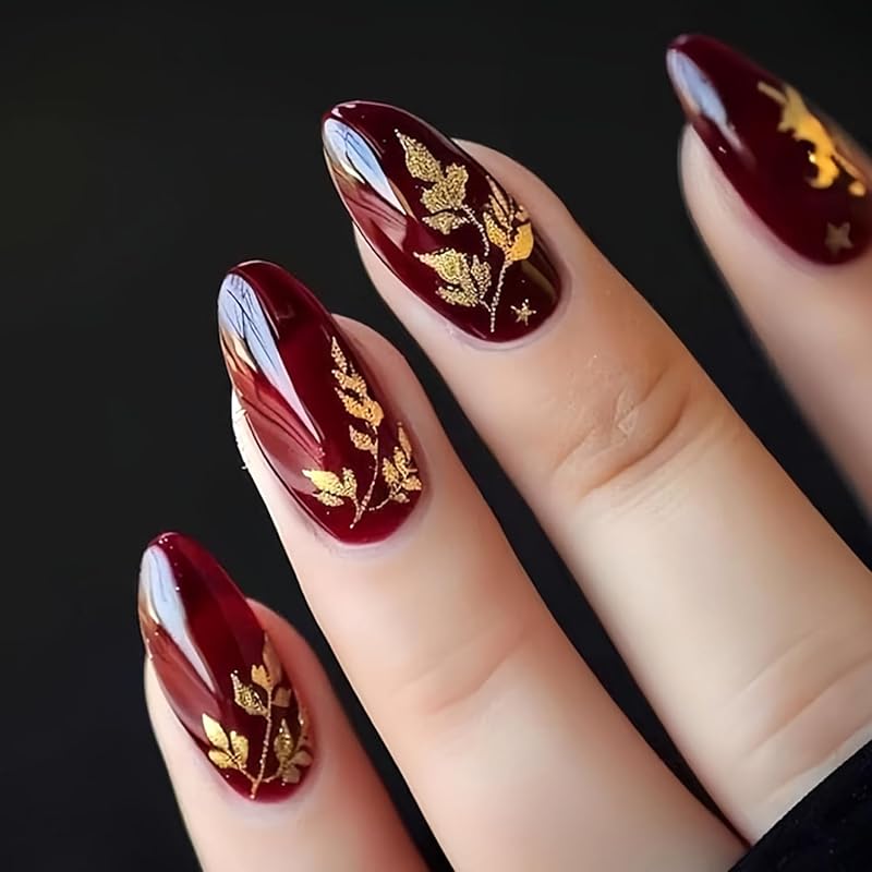 Fall Leaf Press On Nails Thanksgiving Fake Nails with Rhinestones Design Long Almond Autumn Acrylic Nail Glossy Maple Leaves Glue On Nail for Women