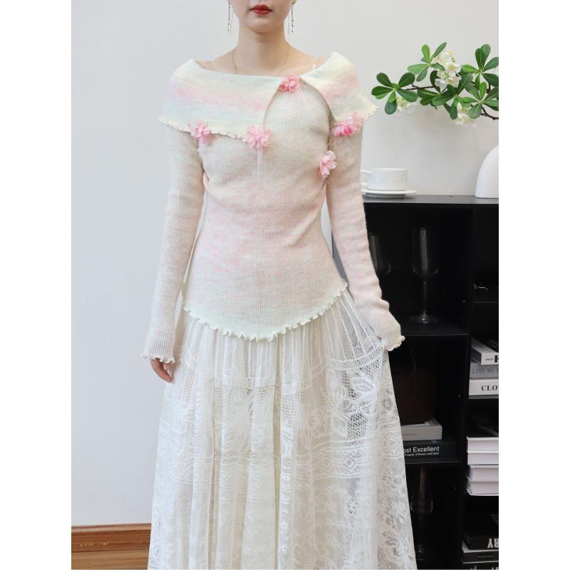 

Осень и зима новый розовый трехмерный цветок плечо свитер пуловер тонкий темперамент вязаный свитер топ женский one size fits all розовый