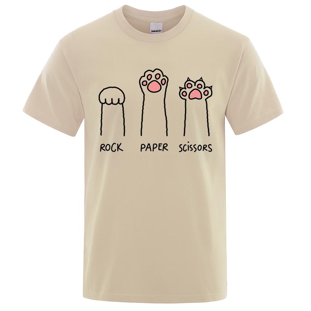 Rock Paper Scissors Funny Cat Print Clothes Men Fashion Oversize T-Shirt Casual Crewneck Tops Summer Cotton Loose T Shirt Couple