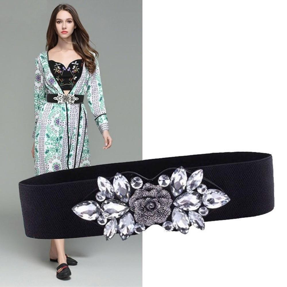 Korean Style Women Waistband Wide Rhinestone Waist Belt Simple Elastic Cummerbunds  Jacket