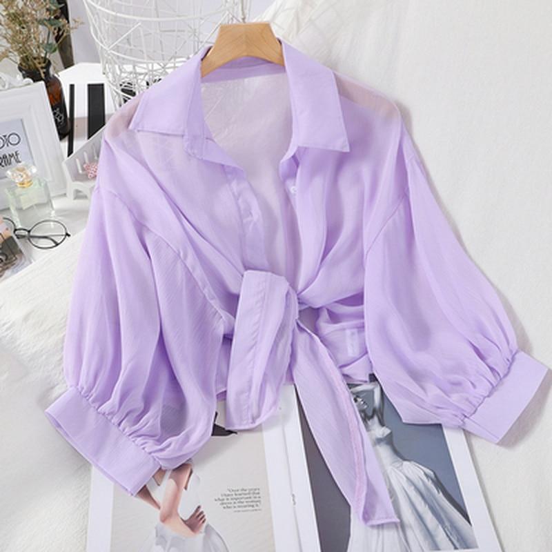 2026 Half Sleeve Chiffon Buttoned Up Shirt Loose Casual Blouse Women Simple Summer Shirts Tied Waist Elegant Blouses for Women 97761