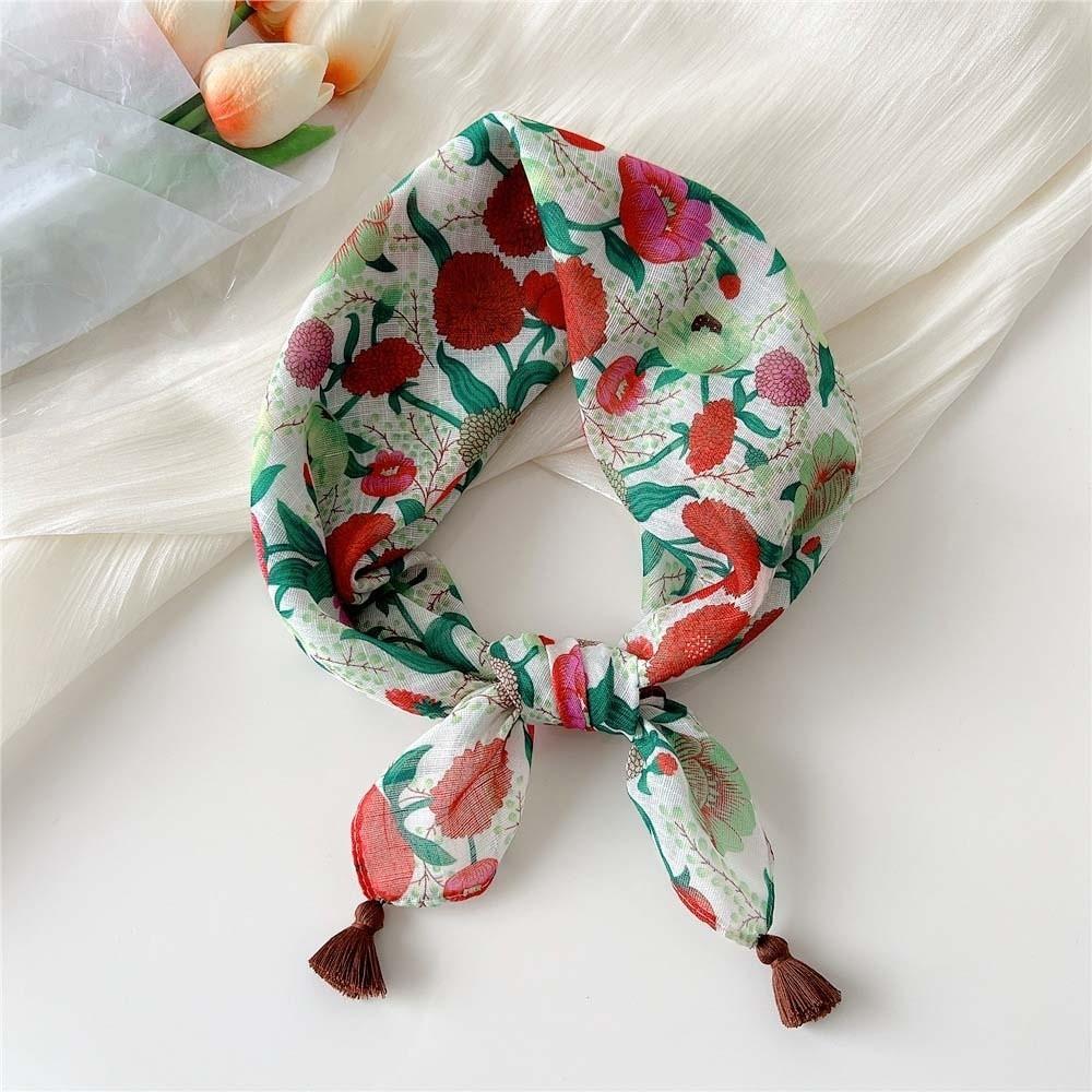 Fringed Hair Bandana Cotton-Linen Floral Kerchief Tassel Muffler Neck Neckerchief Girls Style 1