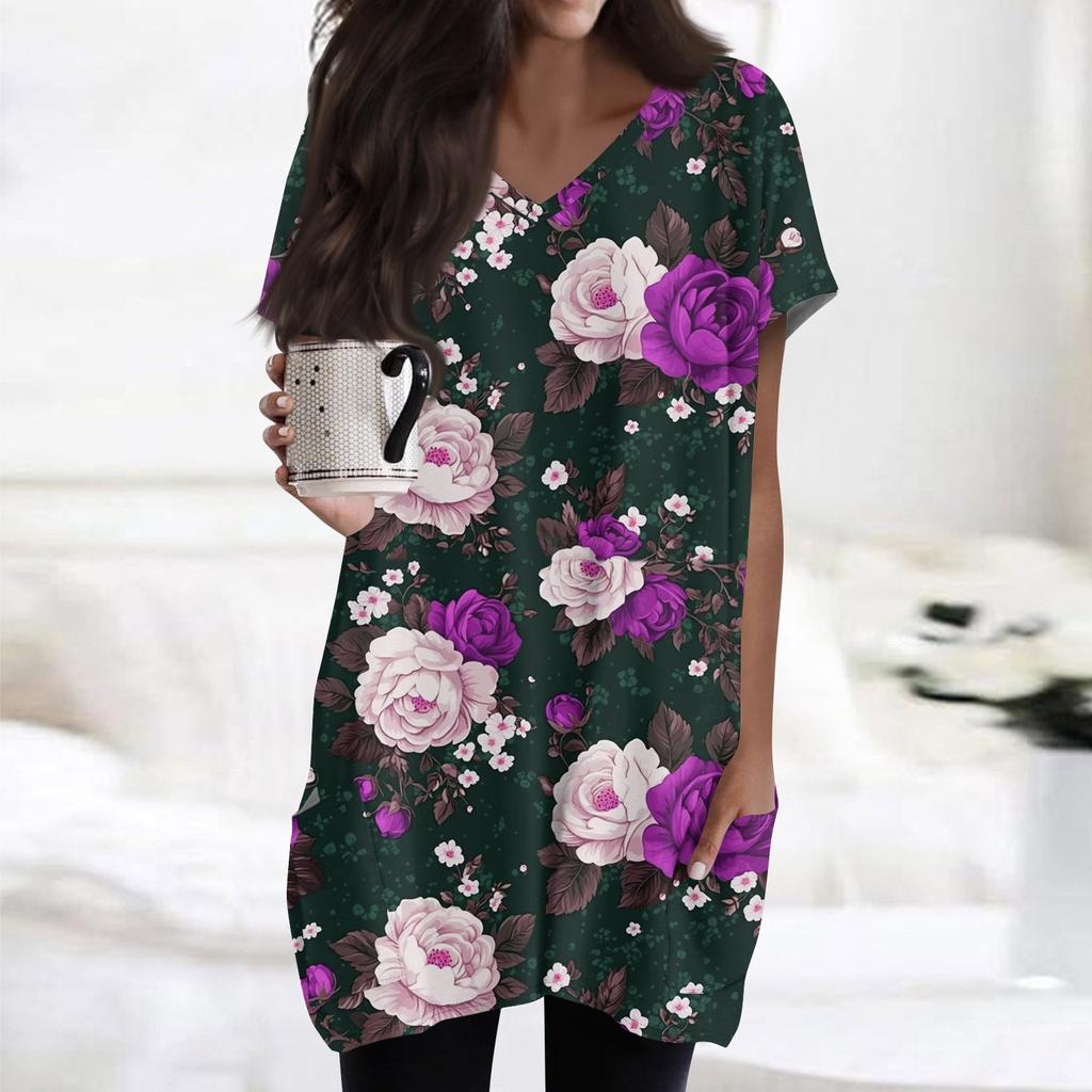 Haut à manches courtes pour femme, tendance et décontracté, col en V, imprimé floral, longueur midi, poche