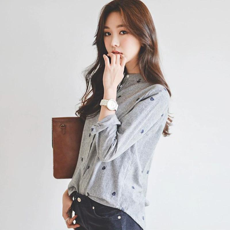 Damen Frühling Gestreift Colorblocking Langarm Literarisches Hemd Bestickt Bequem Stehkragen Unterteil Top