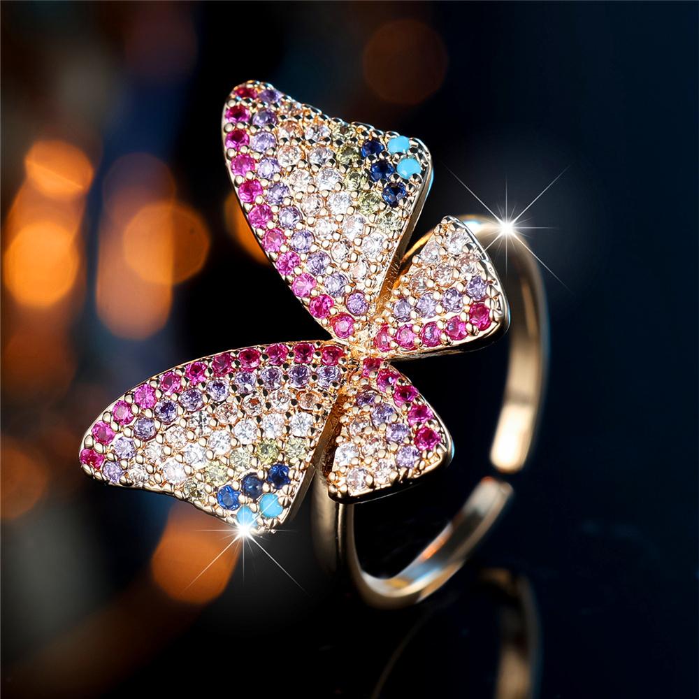 Charm Female Rainbow Butterfly Stone Adjustable Open Ring Gold Silver Color Cute Gift Wedding For Women
