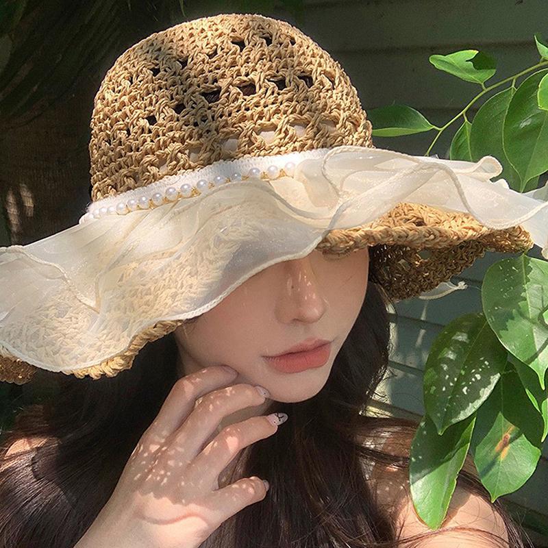 Sweet Cute Cherry Lace Edge Straw Hat For Women Summer Hollow Seaside Beach Vacation Big Brim Sunshade Cap Sun Cap