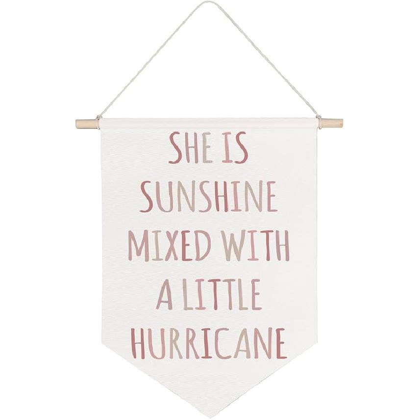 QODUNG Girls Room Decor,She is Sunshine Mixed with a Little Hurricane,Girl Nursery Decor,Canvas Hanging Pennant Wall Flag for Girlsroom Bedroom Home she is sunshine mixed wit