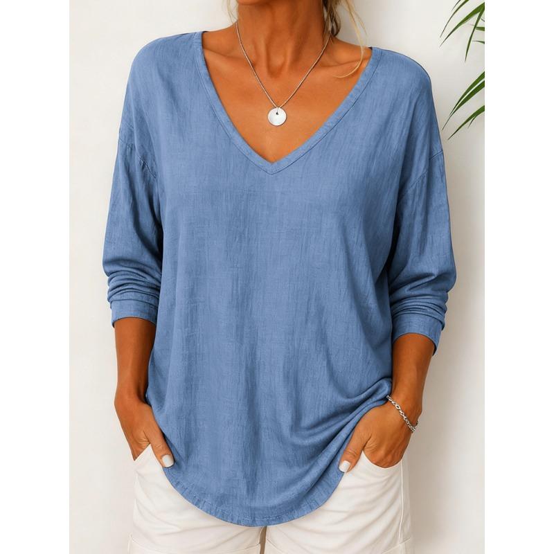 Frühling Herbst Vintage V-Ausschnitt Einfach All-Match Pullover T-Shirt Damen Langarm Locker Lässig Mode T-Shirt Top