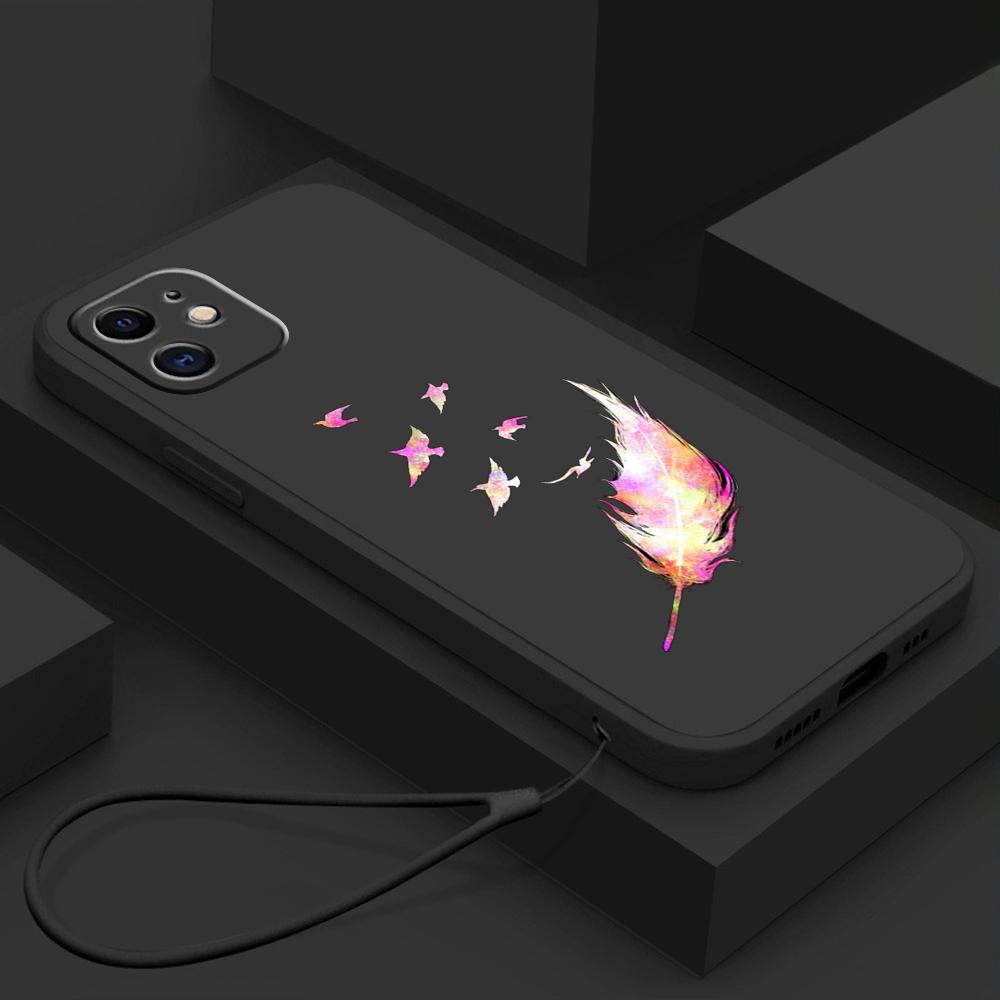 N76 Butterfly with Lanyard Silicone Straight Edge Phone Cases for Xiaomi Poco X5 F6 Redmi Note 13 Pro 12C Realme C55 Huawei Shockproof Cover