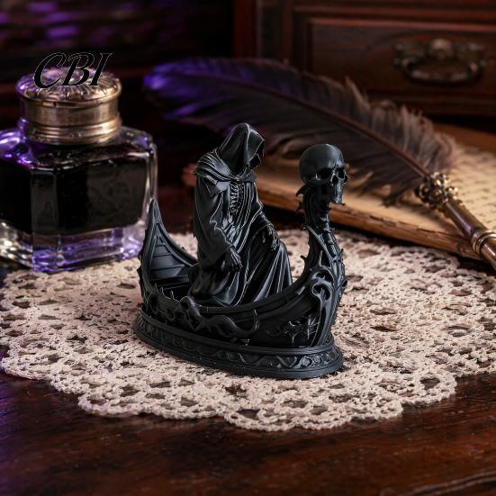 Gesichtslose Sensenmann-Statue 3D-gedruckte gotische Totenkopf-Bootsfigur, Kleines Schreibtischornament Halloween-Dekoration für Partydekoration, Dunkles Horror-Thema