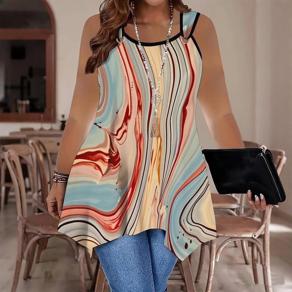 Modische Damen-Freizeit-Sportweste mit Doppelring, Marmorader-Musterdruck, unregelmäßiger Saum, elegant und schlicht