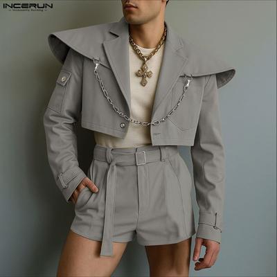 2PCS Men Lapel Neck Long Sleeve Cropped Tops Pants Two Piece Suit Casual Outfits Sets