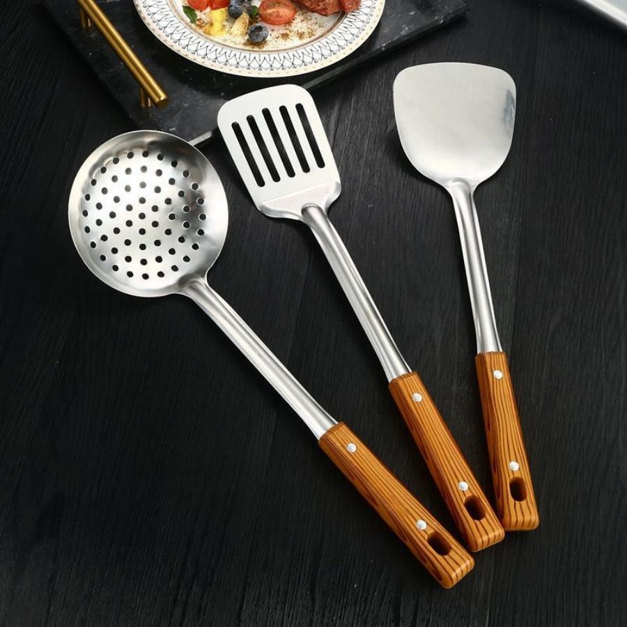 Stainless Steel Scalding Handle Spatula Spoon Colander Imitation Wood Grain Kitchenware Set Kitchen Cooking Spatula Thickened