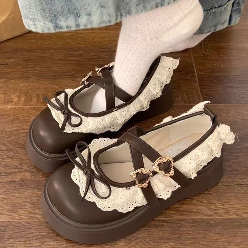 Damen Schuhe Schleife Schnürung Tragen vielseitig Mary Jane Plateau Mode Einzelne Schuhe neu kleine Lederschuhe