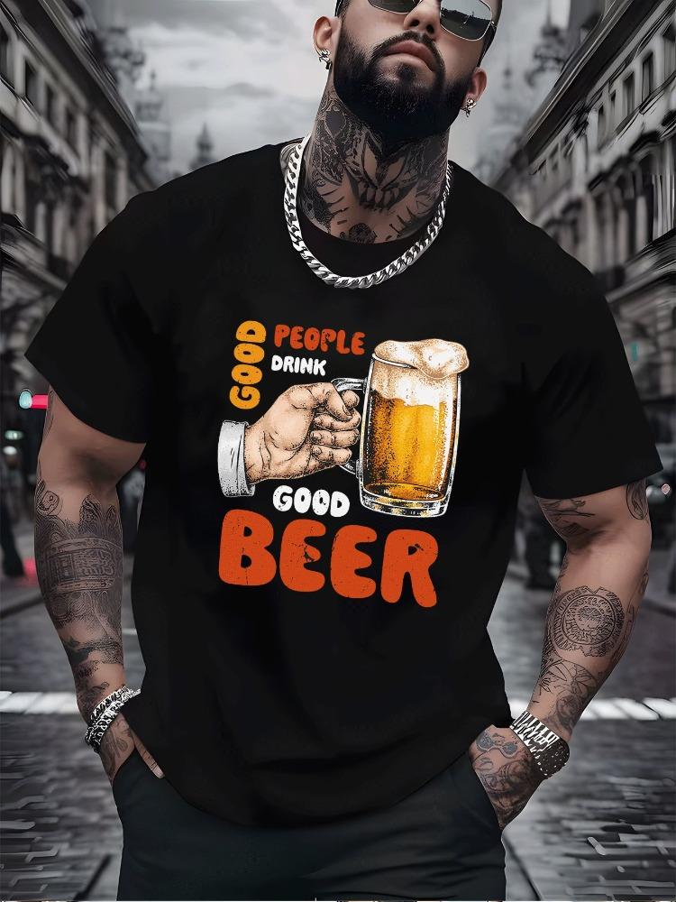Fun Beer Lover Unisexs White Short Sleeve Tshirt Vintage Hand Grab Beer Glass Good Beer Text Print Breathable Daily Cotton Tops
